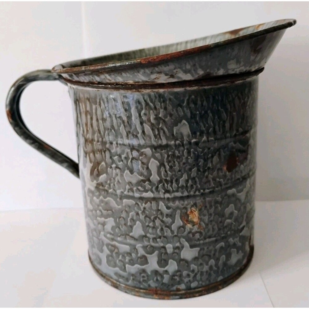 Antique Gray Graniteware Measuring Pitcher 1 Quart Embossed Enamelware Farmhouse